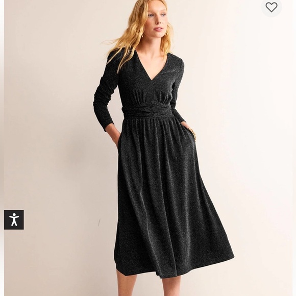 Boden Dresses & Skirts - Boden Shimmering Sparkle Ruched Black Long Sleeve Midi Dress 6R NWT